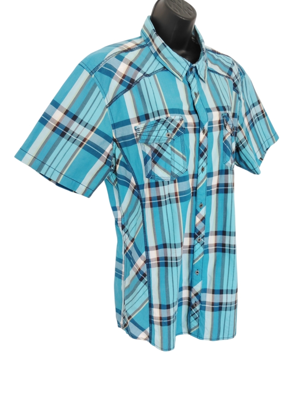 BKE Turquoise Plaid Short-Sleeve Button-Down Shirt Sz XL